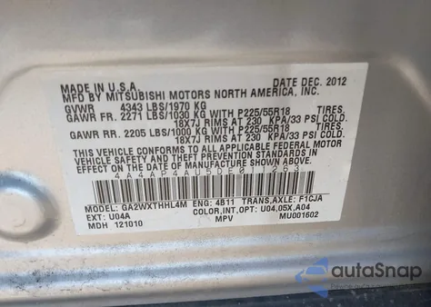 2013 Mitsubishi Outlander Sport Se из США, поврежденный, VIN 4A4AP4AU5DE011263